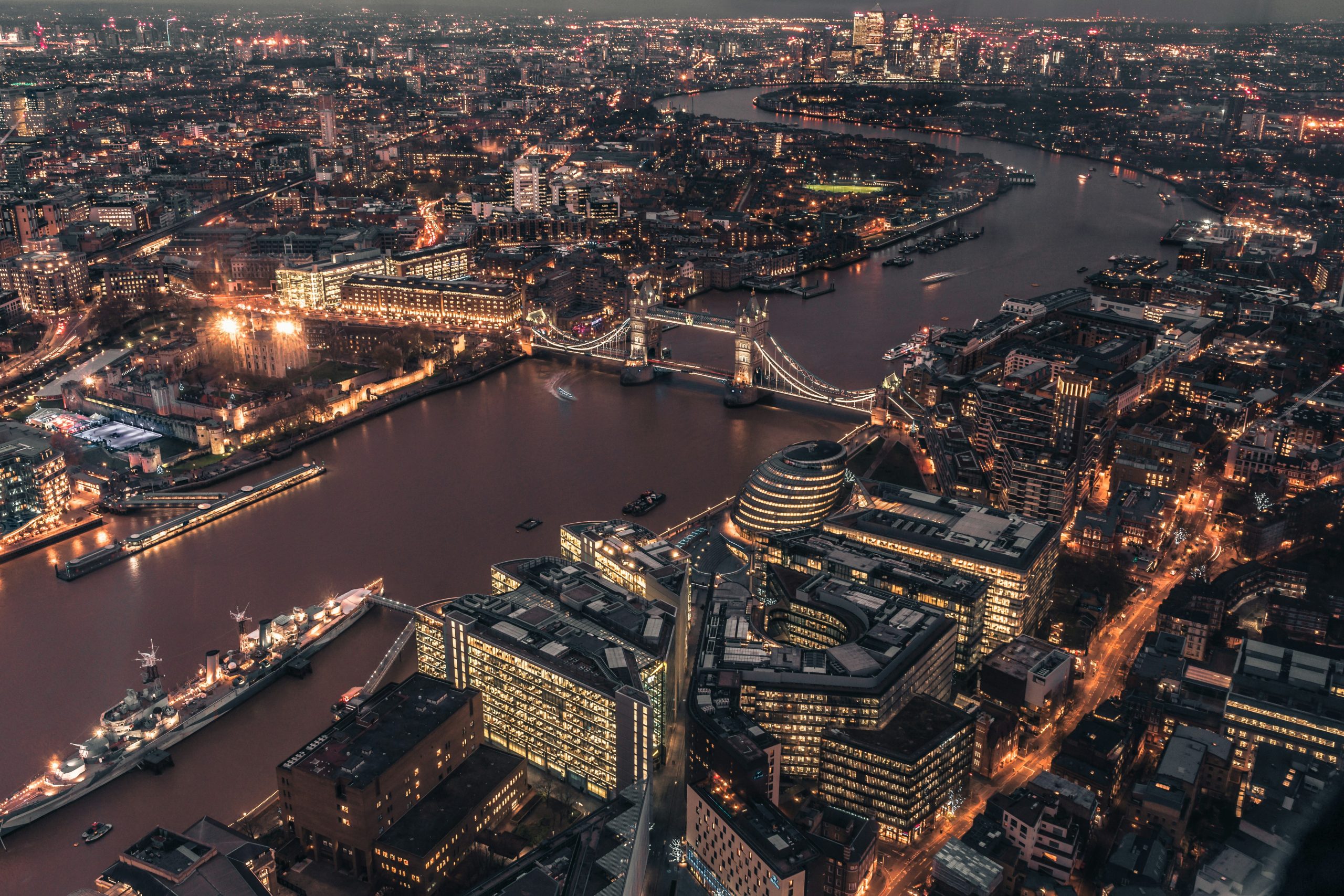 London and the River Thames illuminated at dusk